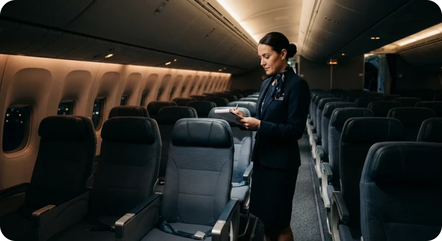 Comissária sozinha na cabine vazia de um avião durante voo noturno, expressão serena e focada. Atmosfera de responsabilidade silenciosa. Tons azul e cinza com luz quente da cabine