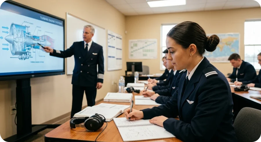 Estudante de aviação jovem, de uniforme, fazendo anotações em sala de aula durante treinamento. Instrutor ao fundo apontando para diagrama em tela