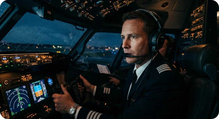 Piloto no cockpit com expressão concentrada e serena, mãos nos controles. Luz dos instrumentos iluminando o rosto