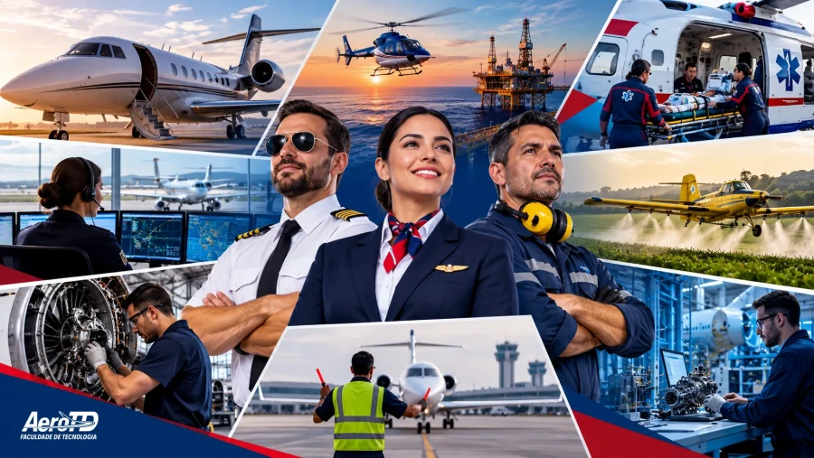 Imagem ilustrativa sobre oportunidades de emprego na aviação de negócios, mostrando piloto, comissária, mecânico de aeronaves e diferentes segmentos do setor, como aviação executiva, offshore, aeromédica, agrícola, manutenção e operações aeroportuárias.